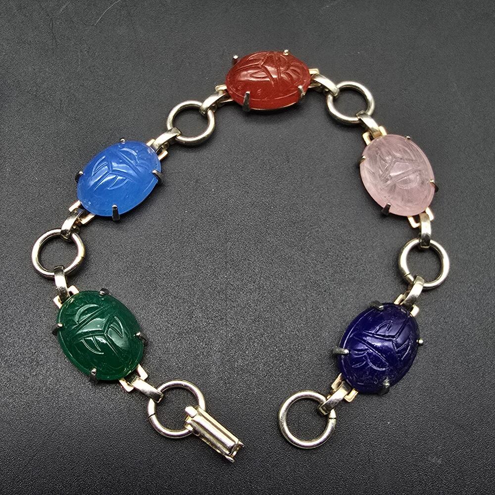 Egyptian Revival Glass Scarab Bracelet Silver Tone Vintage Jewelry